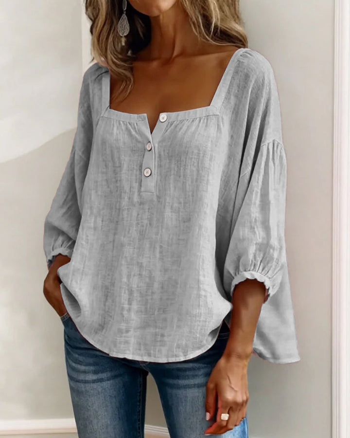 Casual women's puff sleeve blouse, square neck, button front, perfect for a relaxed style.