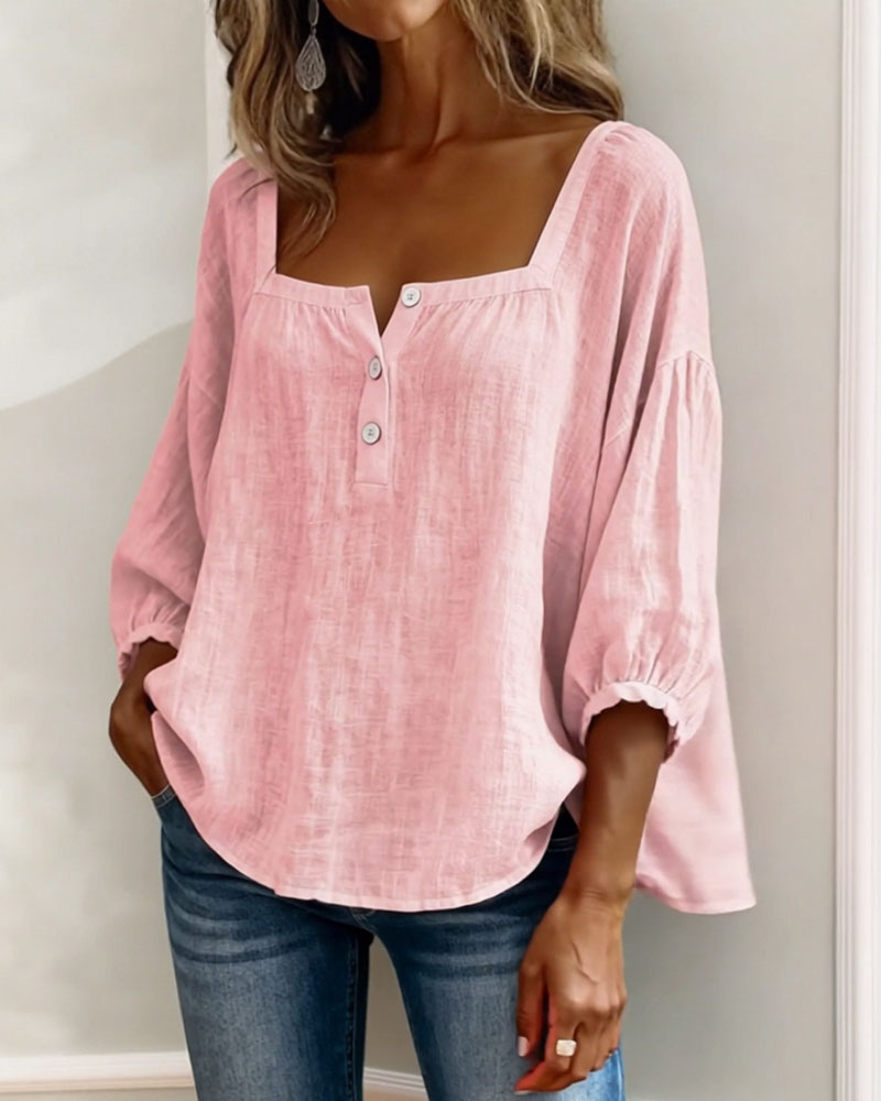 Versatile women's blouse: puff sleeves, square neck, button front, perfect for spring.
