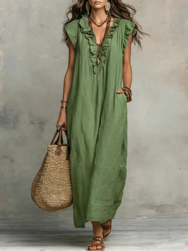 Women's relaxed fit ruffle sleeveless maxi dress with pockets, perfect for summer casual wear.