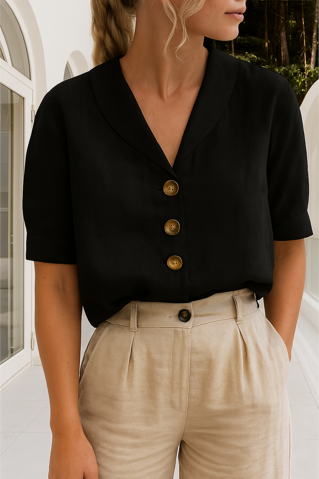 Beige women's short sleeve blouse with a relaxed fit & stylish shawl collar, a versatile top for casual wear.