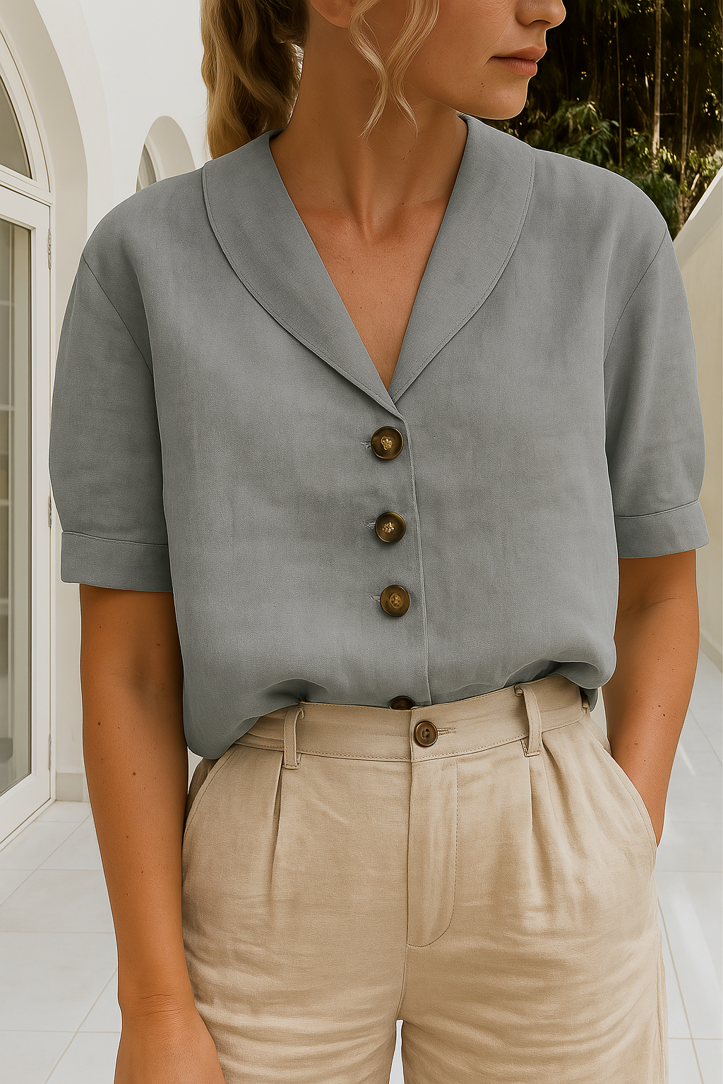 Black relaxed fit women's short sleeve blouse with a distinctive shawl collar, offering casual elegance.