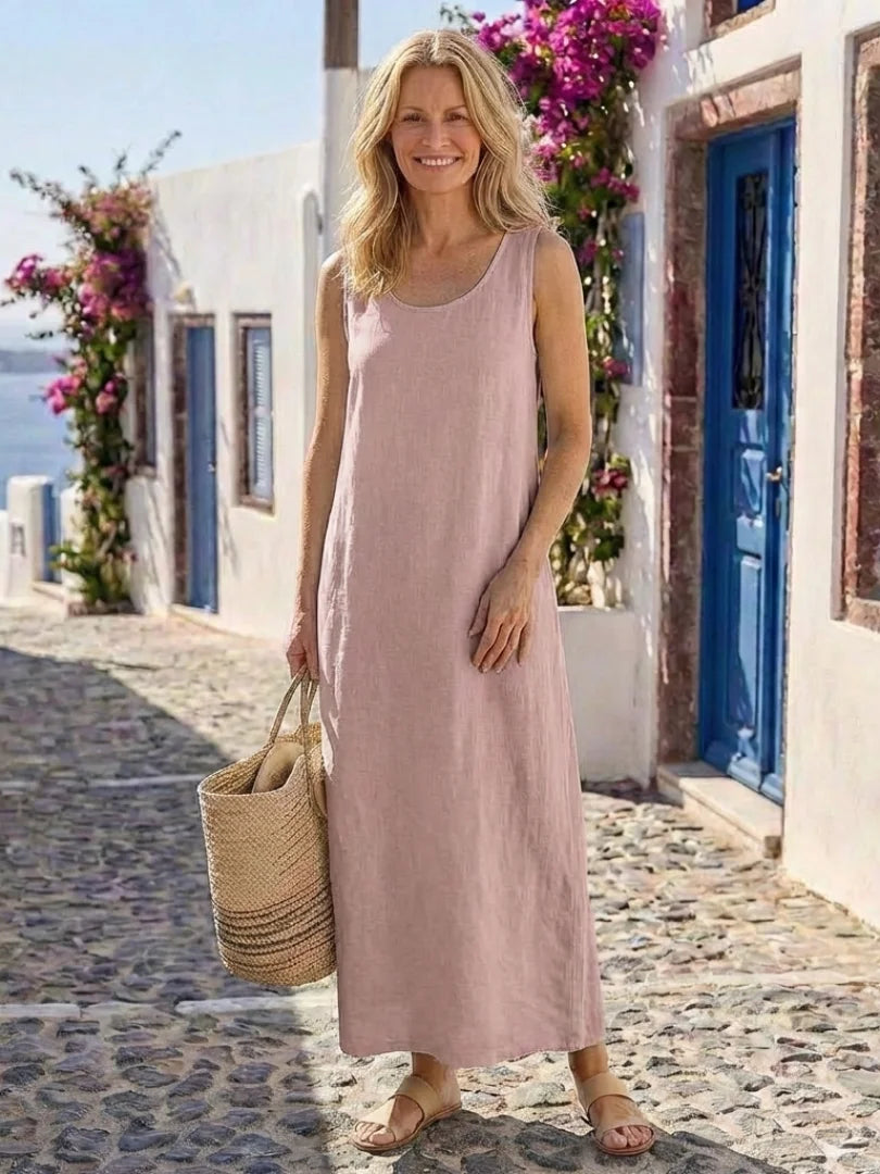 Comfortable flowy women's sleeveless round neck maxi dress with a relaxed fit, ideal for daywear.