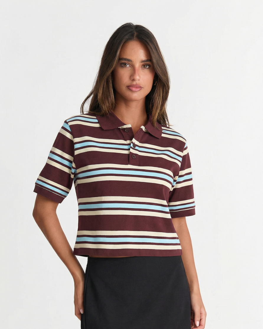 Women's relaxed fit striped polo shirt with short sleeves and button placket for casual everyday style.