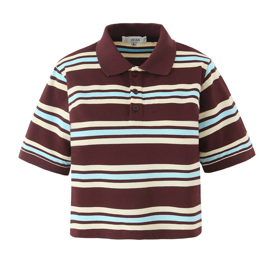 Relaxed women's short sleeve striped polo with a classic button placket, ideal for comfy casual wear.
