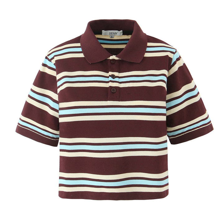 Relaxed women's short sleeve striped polo with a classic button placket, ideal for comfy casual wear.