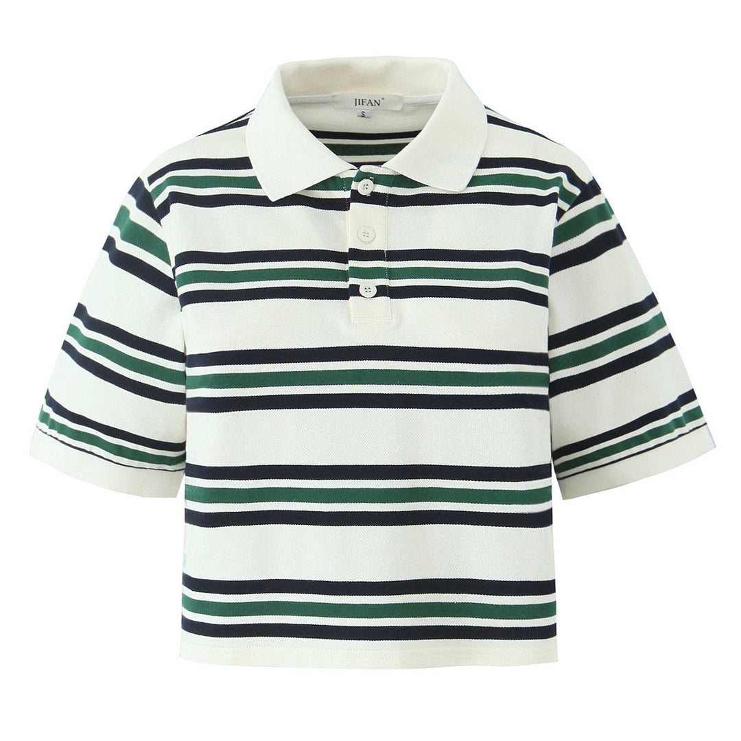 Fashionable women's striped short sleeve polo top, relaxed fit for ultimate comfort & versatile casual style.