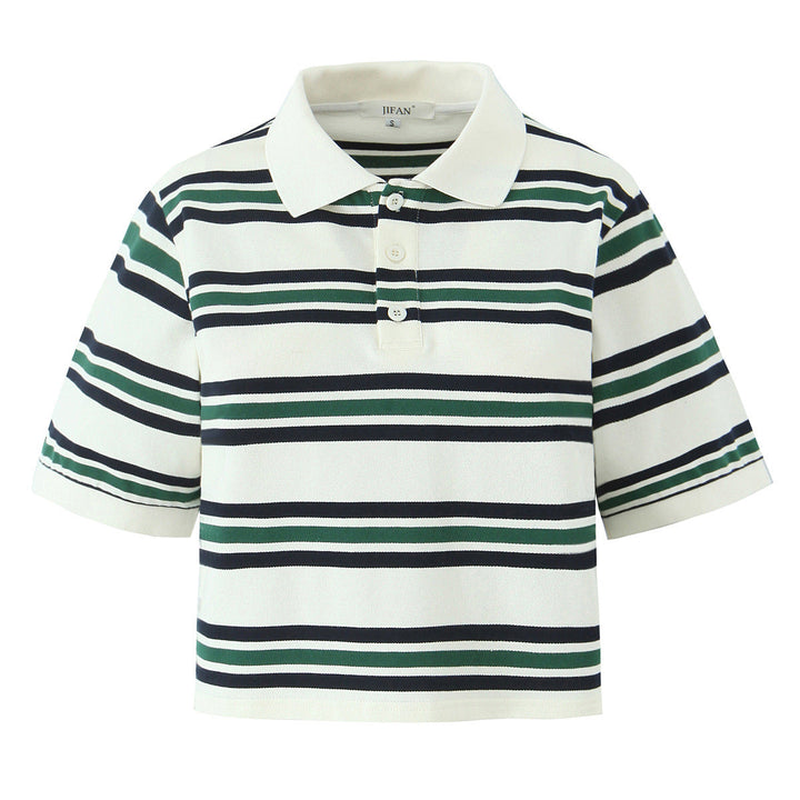 Fashionable women's striped short sleeve polo top, relaxed fit for ultimate comfort & versatile casual style.