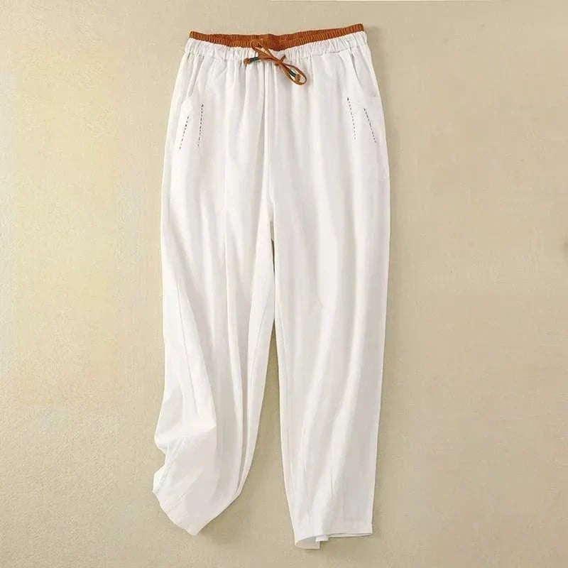 Women's relaxed fit summer pants with elasticated drawstring waist, ideal for casual comfort & vacation style.