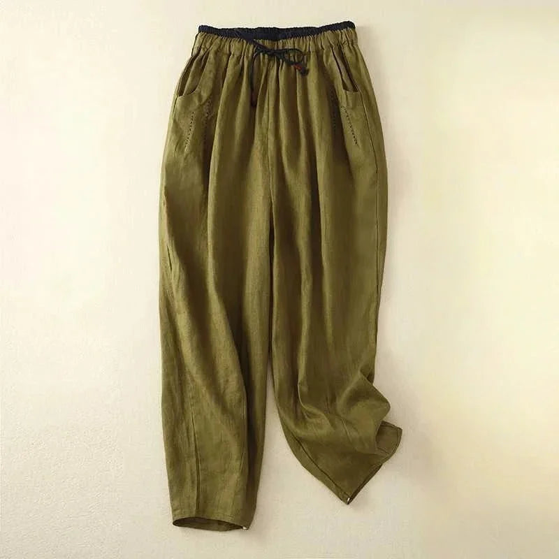 Casual women's drawstring summer pants, relaxed fit, offering comfortable wear & versatile vacation style.