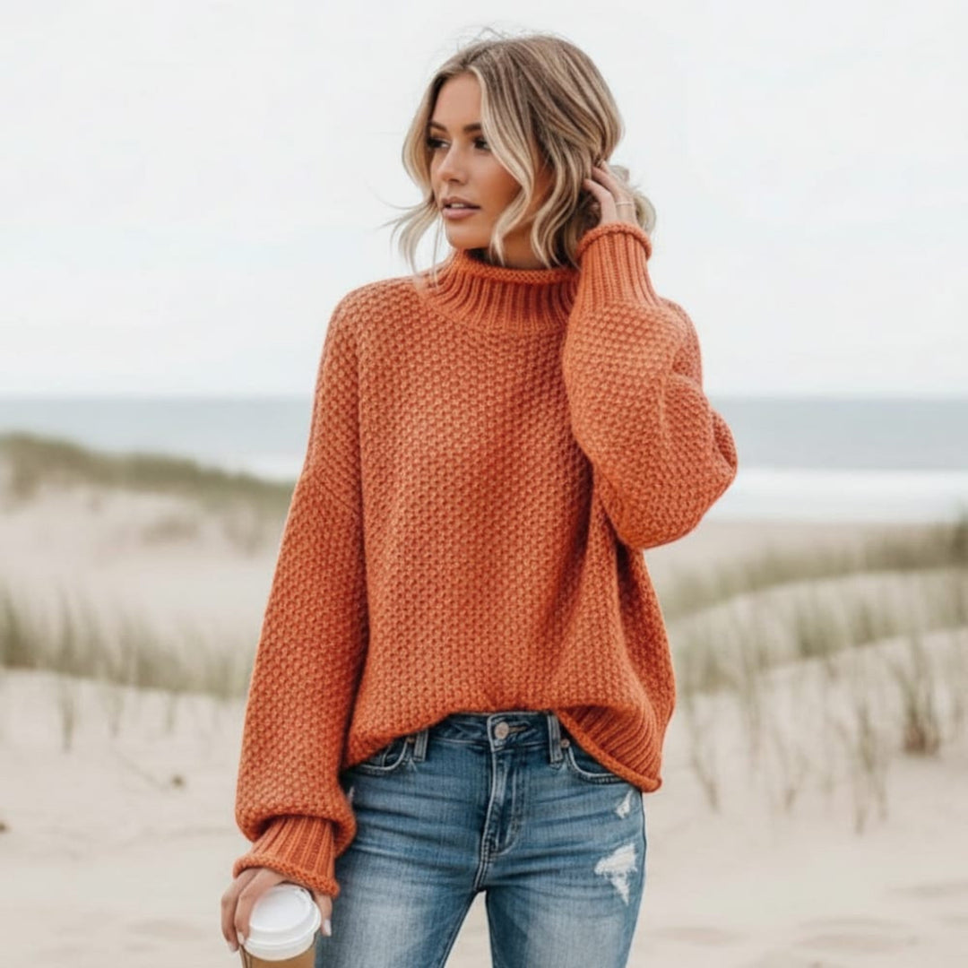 Women's relaxed fit turtleneck sweater. Cozy pullover style, perfect for fall & winter fashion.
