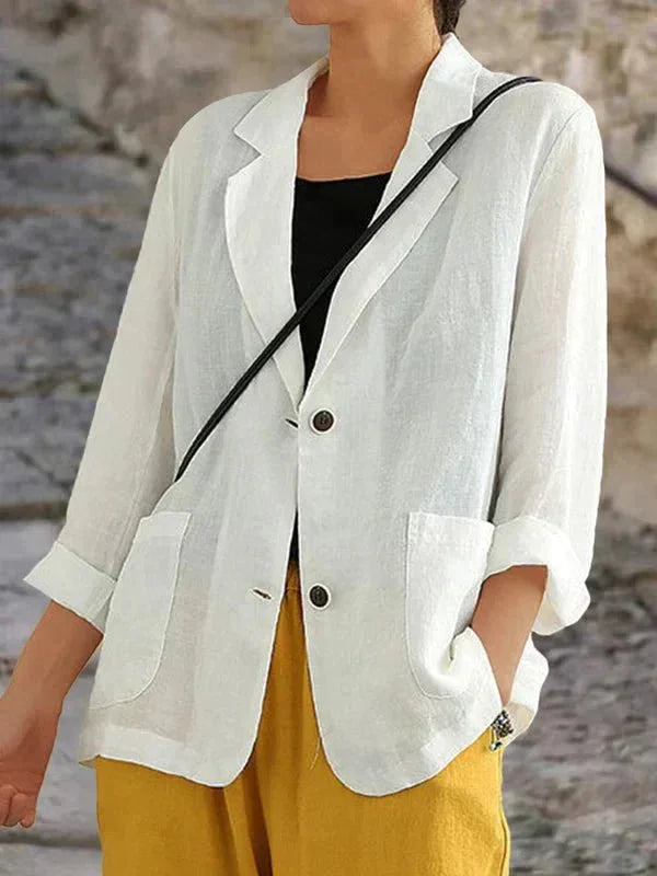 Stylish women's relaxed blazer with 3/4 sleeves & two-buttons. Great for office wear or smart casual looks.