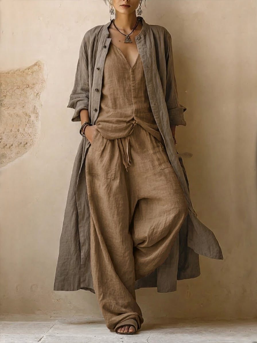 Stylish women's matching set: comfortable oversized shirt & flowy wide-leg pants for casual outings or travel.
