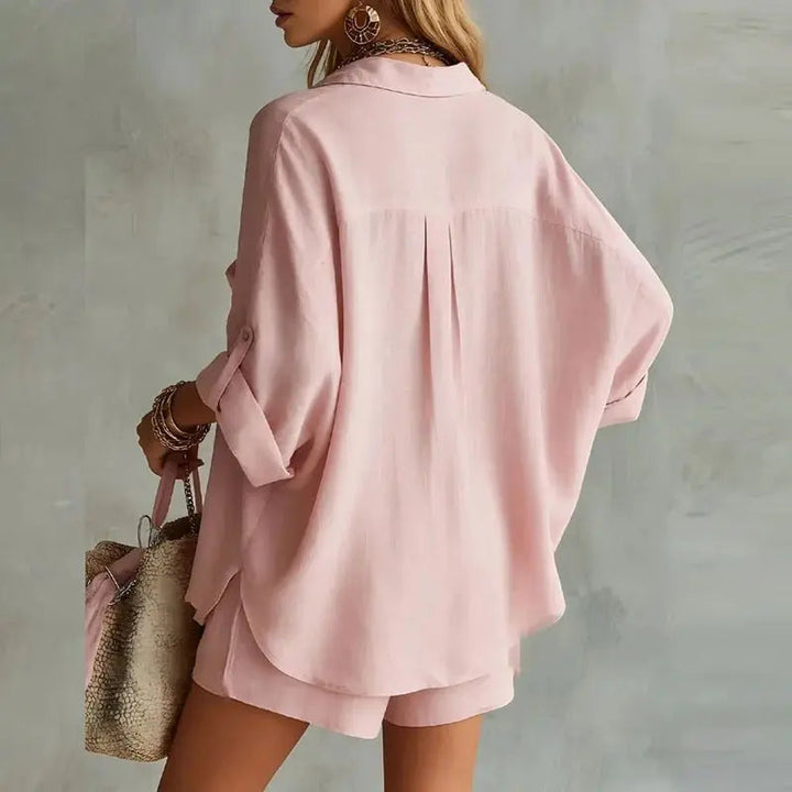 Stylish women's summer two-piece shirt & shorts set, ideal for casual outfits, vacations, and beach days.