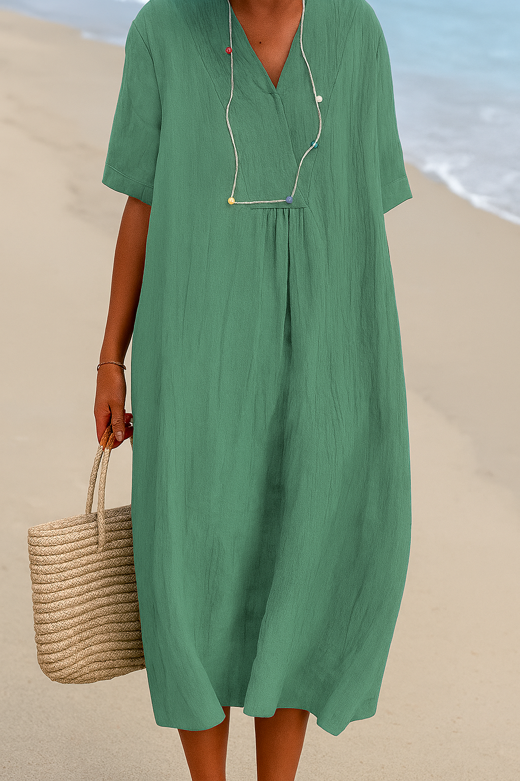 Casual V-neck short sleeve sundress for women, ideal for beach trips, resort wear, or summer outings.