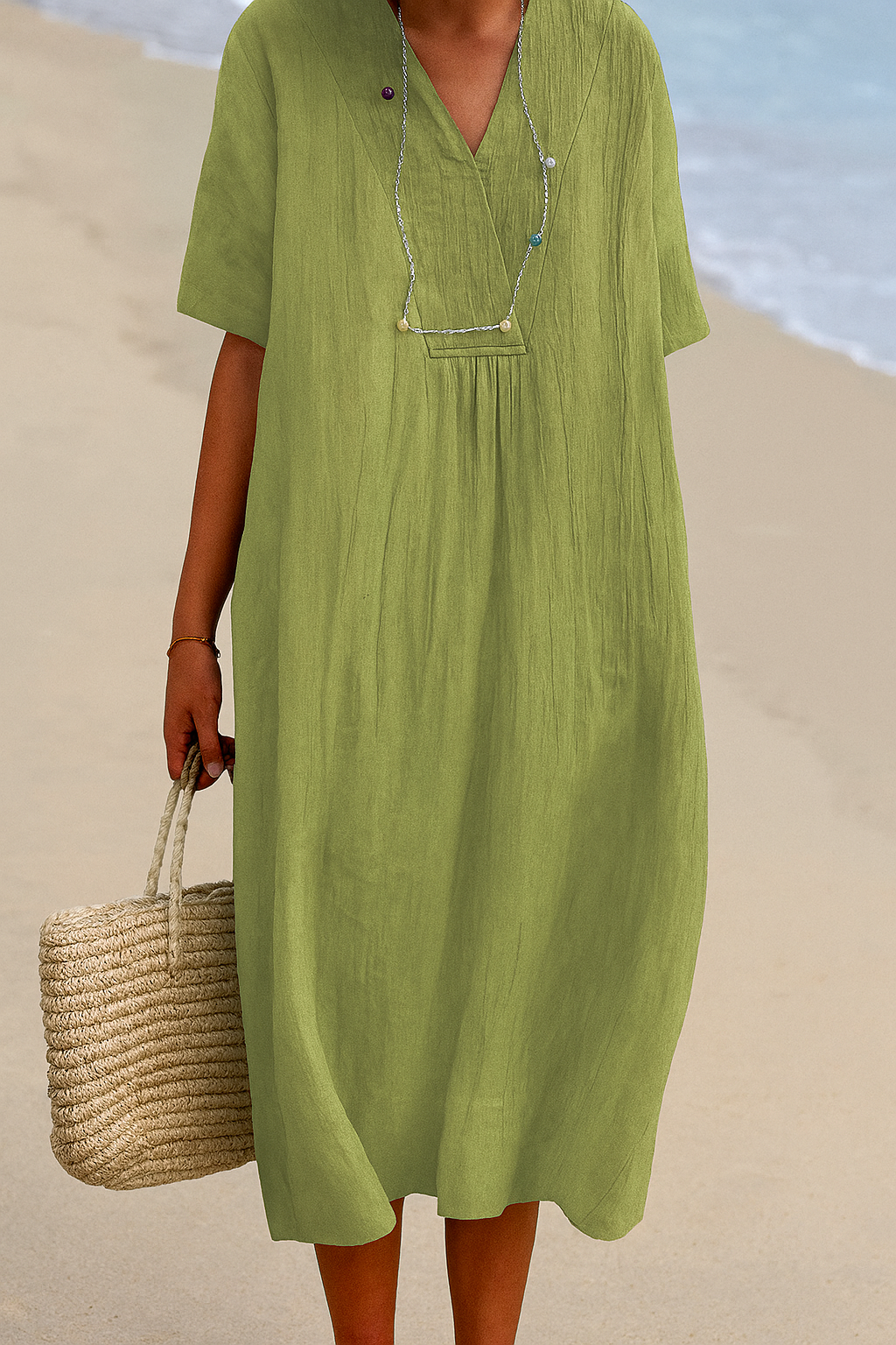 Comfortable women's short sleeve V-neck summer dress, featuring a relaxed fit for warm weather.