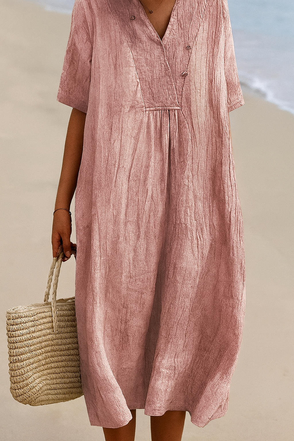 Women's flowy V-neck beach sundress with short sleeves, excellent for resort holidays & casual summer days.