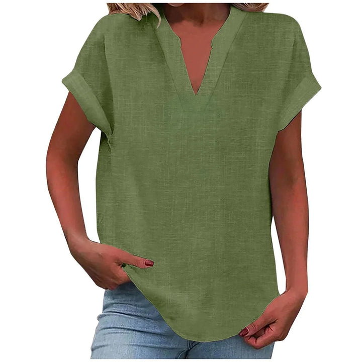 Elegant women's relaxed V-neck blouse featuring cuffed short sleeves, perfect for summer casual chic.