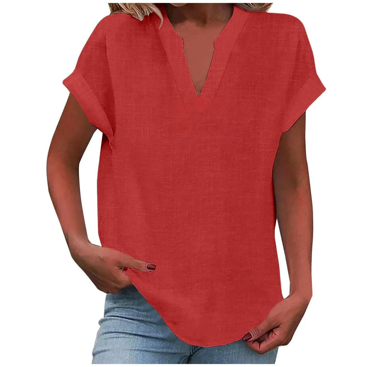 Versatile women's V-neck blouse, cuffed short sleeves, great for spring fashion and everyday wear.