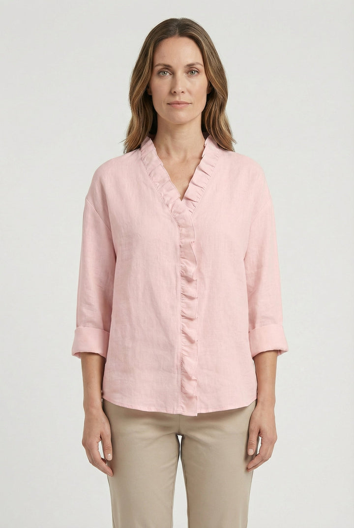 Women's relaxed fit V-neck long sleeve blouse with delicate ruffles