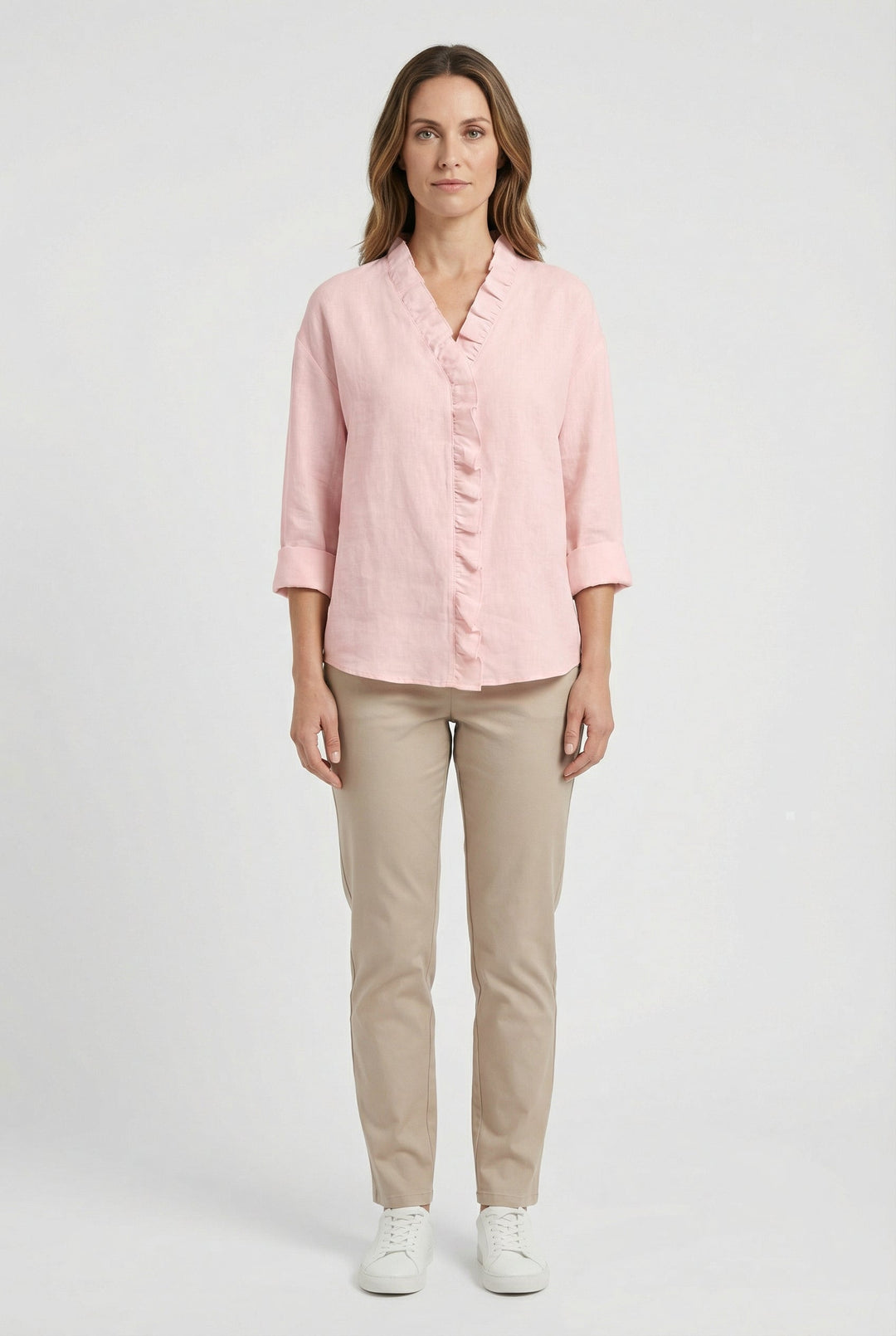 Elegant casual top: women's relaxed fit blouse with V-neck and ruffles