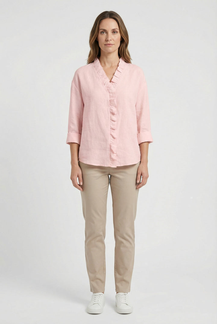 Elegant casual top: women's relaxed fit blouse with V-neck and ruffles