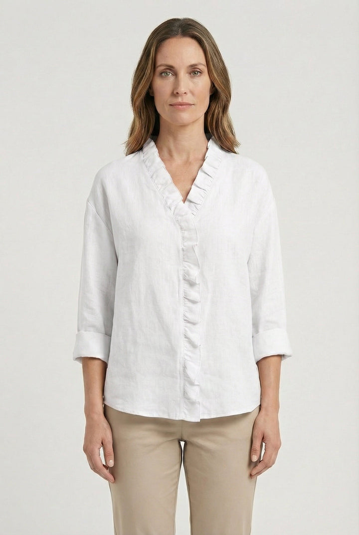 Stylish women's blouse featuring a relaxed fit, V-neck, and ruffle detailing