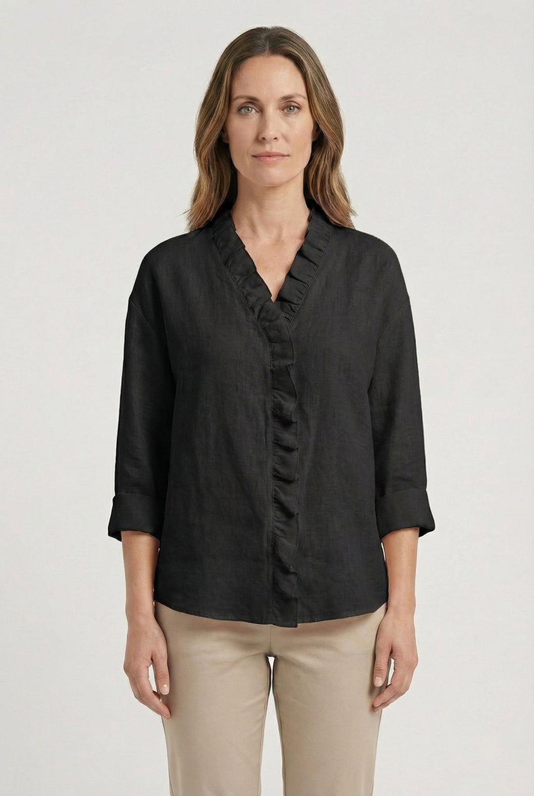 Comfortable and chic long sleeve ruffle V-neck blouse, perfect for everyday wear