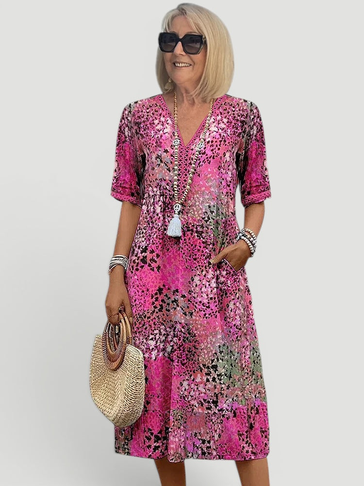 Flowy women's V-neck midi dress. Relaxed fit, lightweight fabric, an elegant & casual choice for summer and everyday.