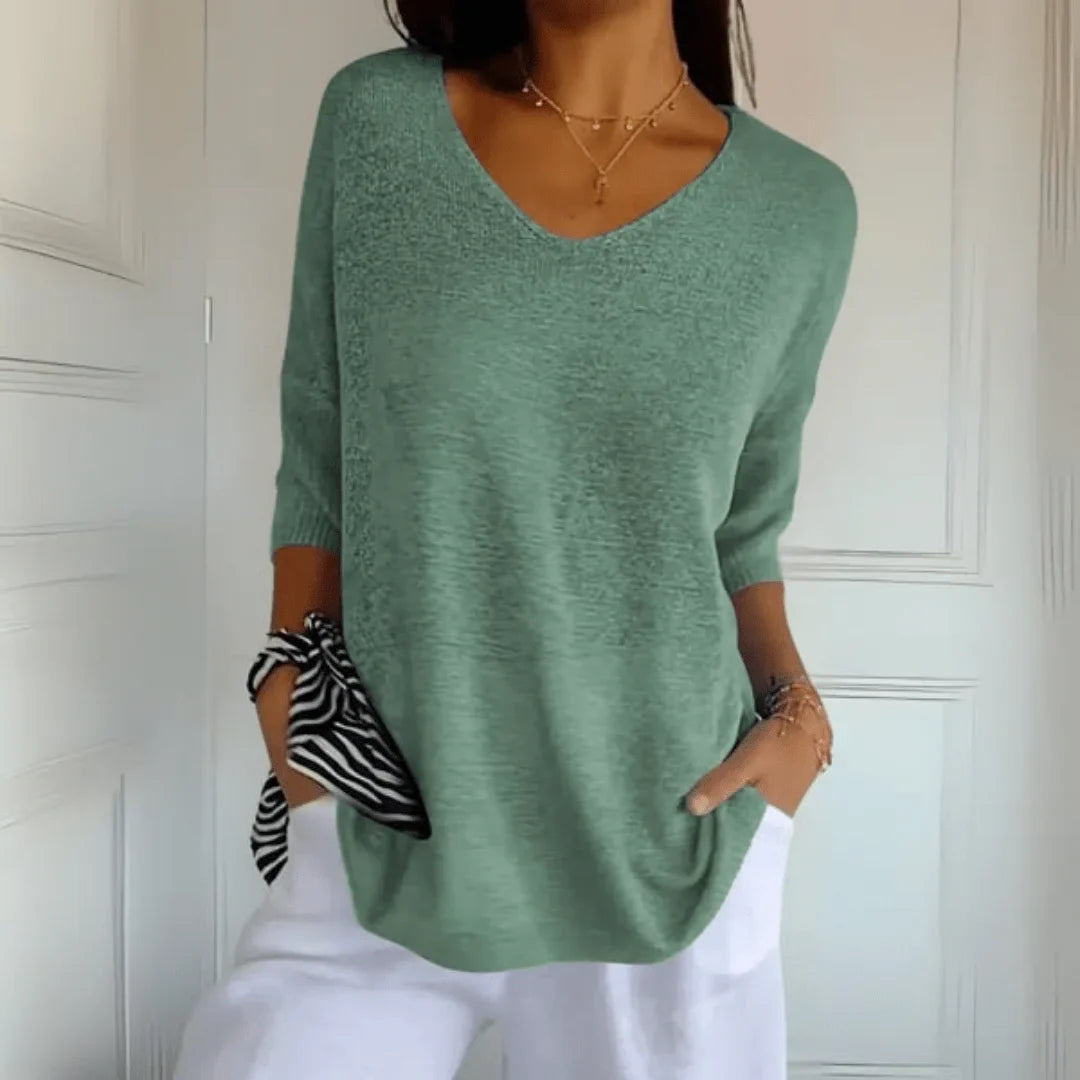 Casual women's V-neck top with 3/4 sleeves and a comfortable relaxed fit, great for daily outfits.