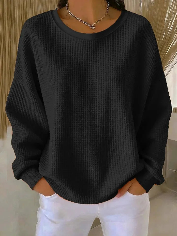 Everyday fashion: women's relaxed fit long sleeve waffle knit sweater. Stylish and cozy.