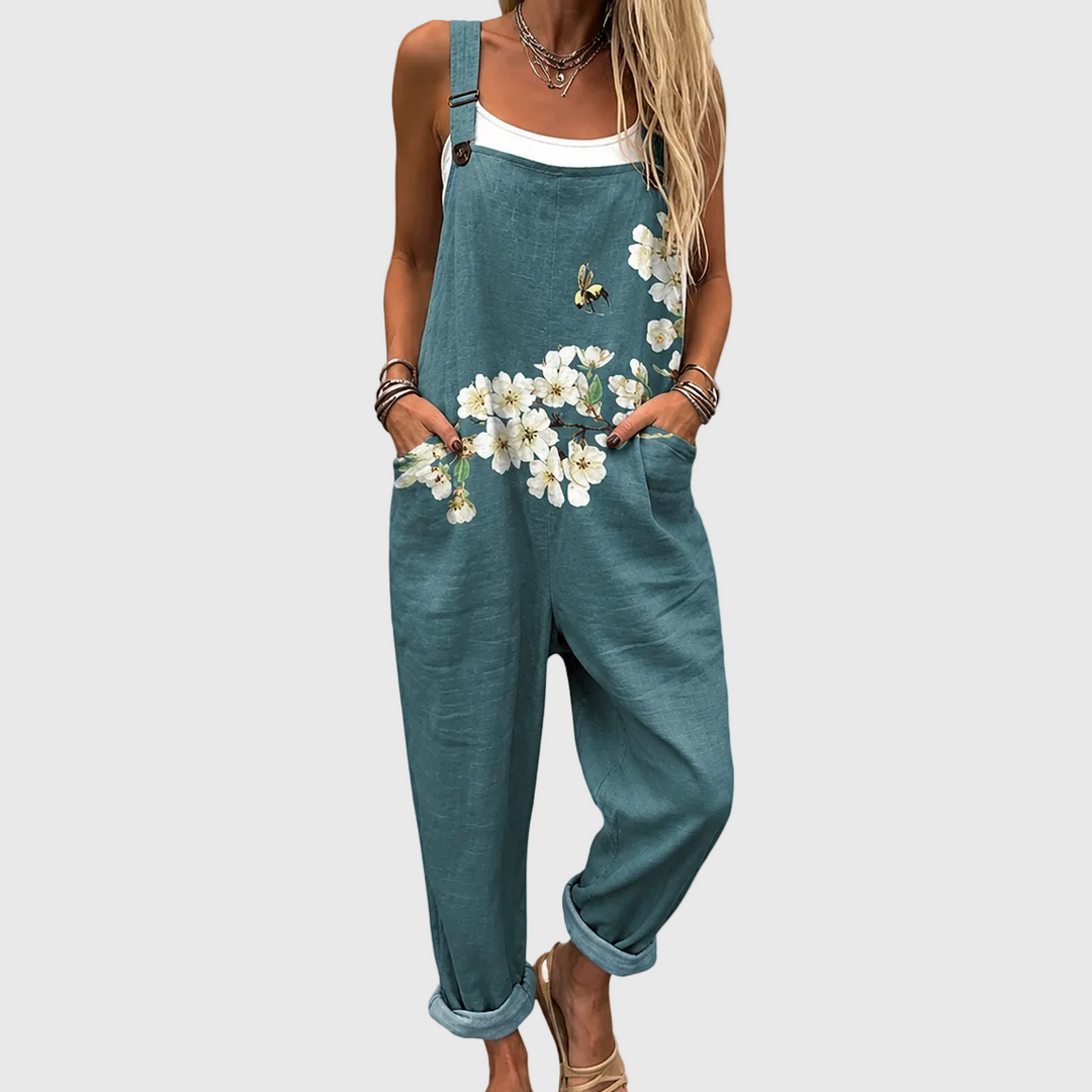 Women's relaxed floral garden overall. Comfortable green jumpsuit, perfect for casual spring & summer elegance.