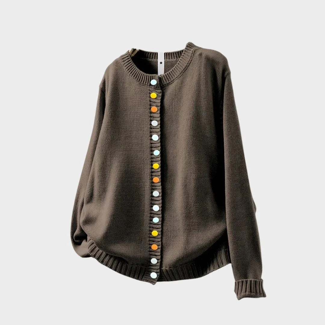 Relaxed fit women's cardigan sweater, ideal for casual layering. Soft knitwear with stylish multi-color buttons.