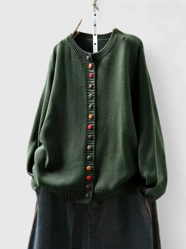 Comfortable women's knitwear cardigan, a relaxed fit sweater with fun multi-color buttons. Perfect for layering.