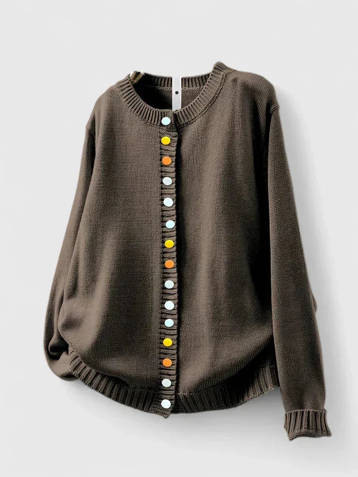 Stylish crewneck women's knit cardigan, relaxed fit with unique multi-color buttons. Comfortable layering sweater.