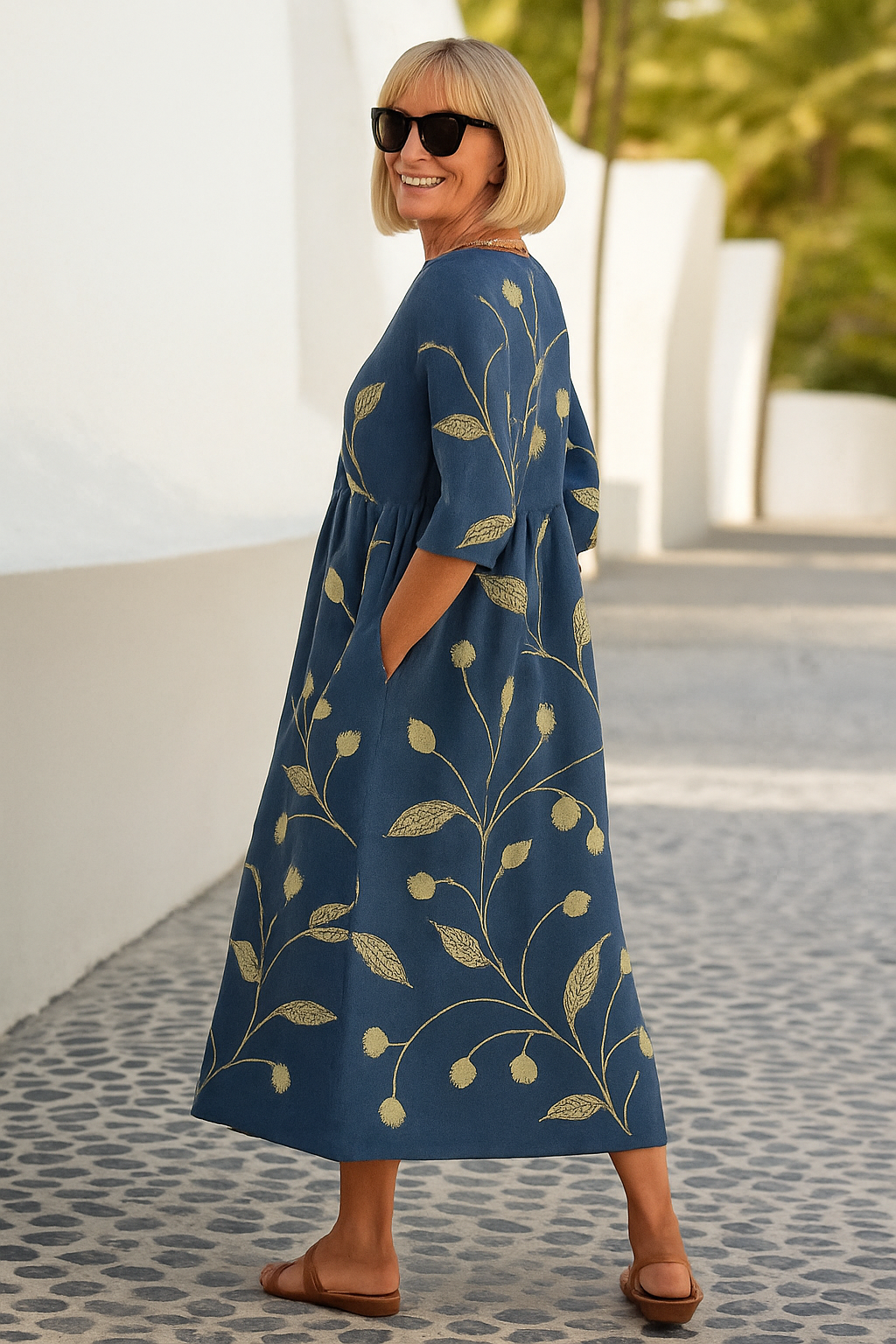 Comfortable pastel women's relaxed fit midi dress, 3/4 sleeves, perfect for elegant everyday spring fashion.