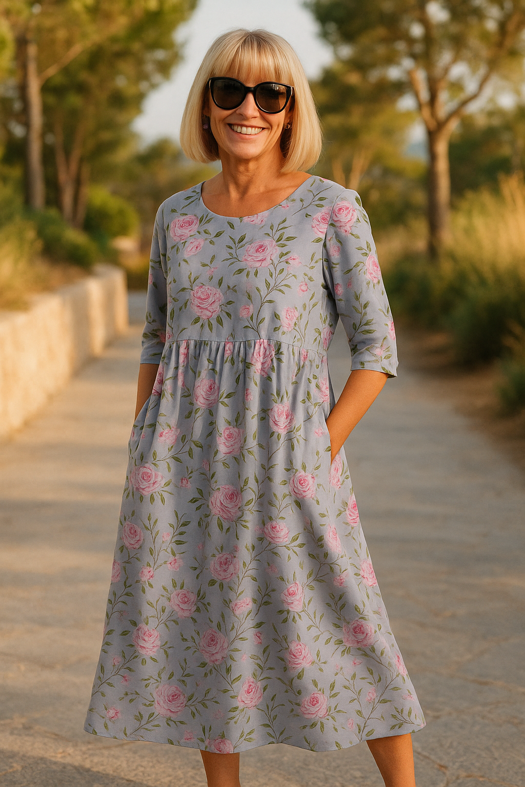 Versatile women's 3/4 sleeve midi dress in a relaxed fit, navy blue. Perfect for casual spring/summer style.
