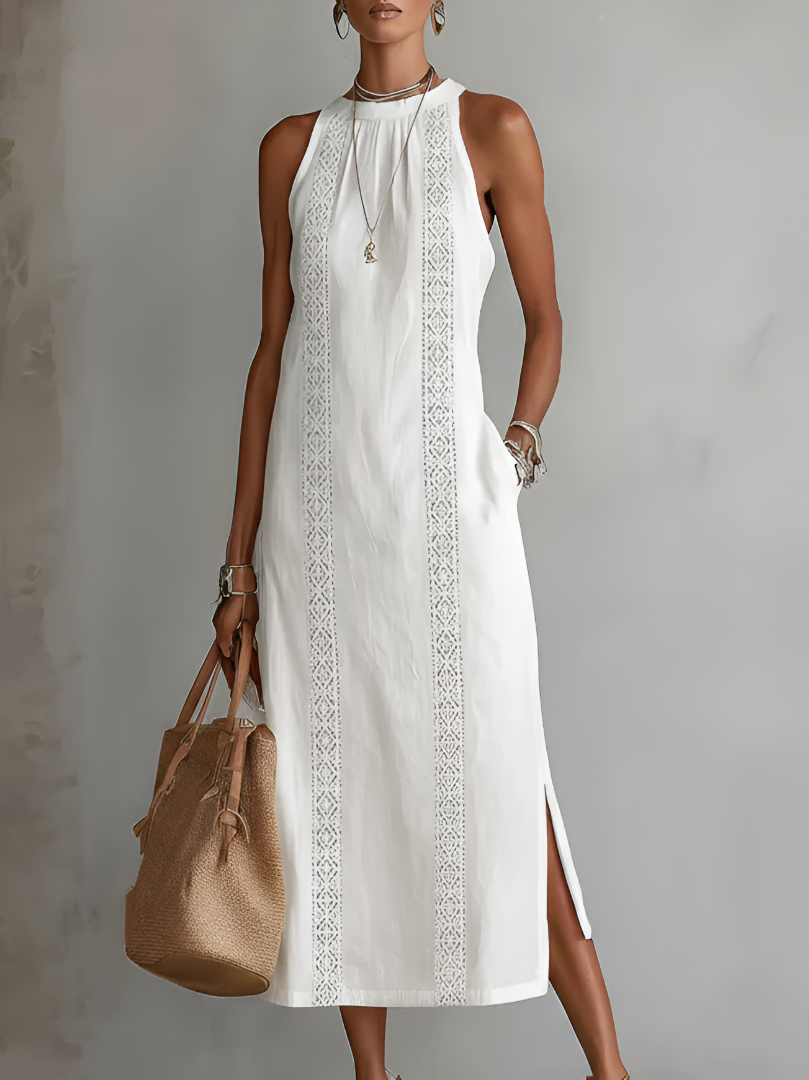 Women's relaxed midi dress with elegant embroidery and mandarin collar. Perfect for summer casual wear.