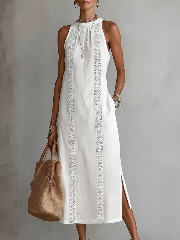 Women's relaxed midi dress with elegant embroidery and mandarin collar. Perfect for summer casual wear.