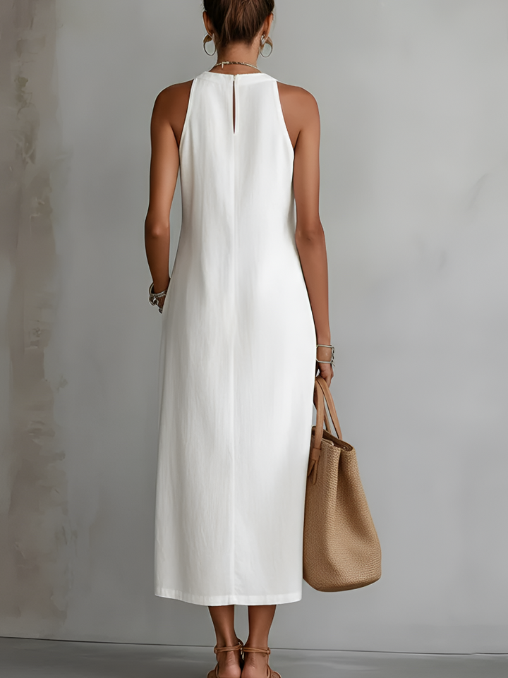 Comfortable women's flowy midi dress featuring beautiful embroidery & a stylish mandarin collar for daily wear.