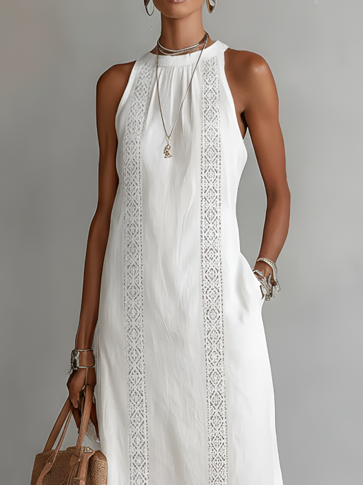 Elegant women's summer midi dress, relaxed fit, delicate embroidery, mandarin collar. Ideal for vacation or holiday.