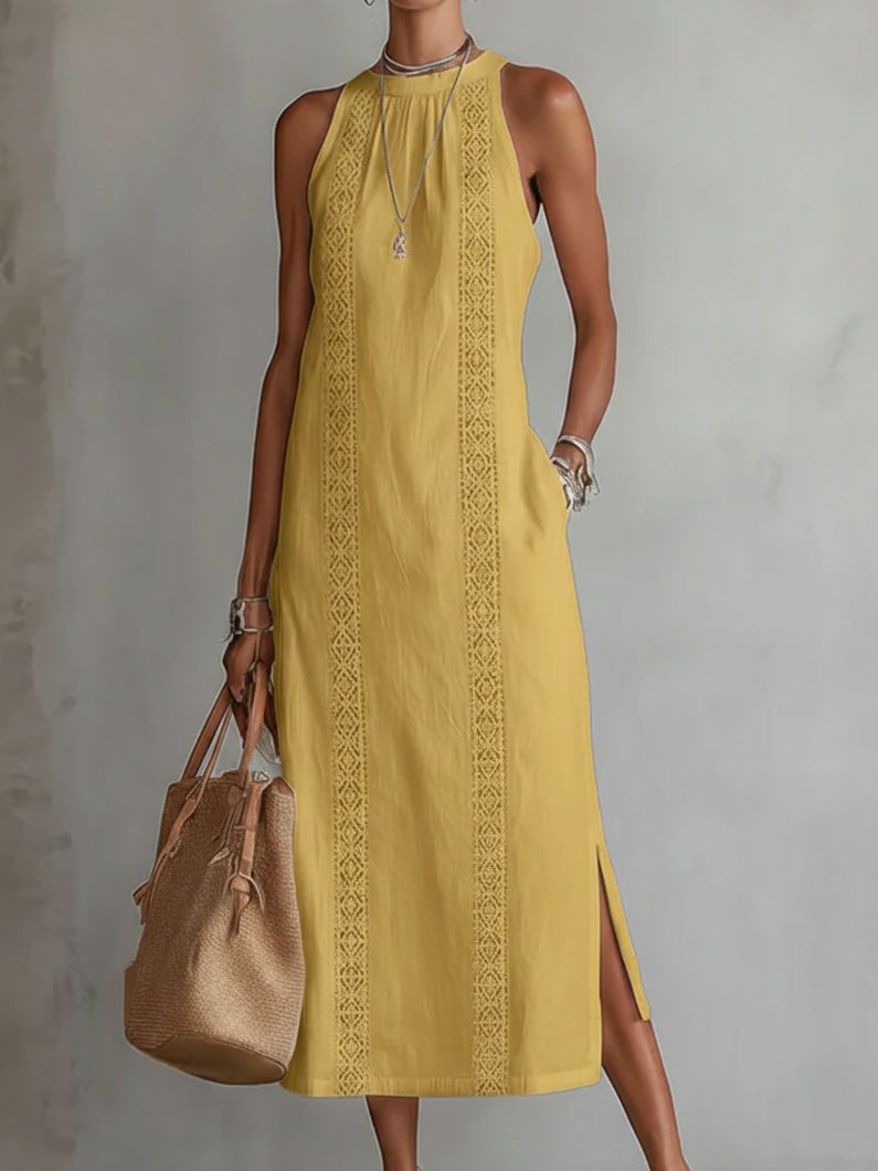Soft, flowy women's midi dress with elegant embroidery & mandarin collar. A comfortable choice for summer days.