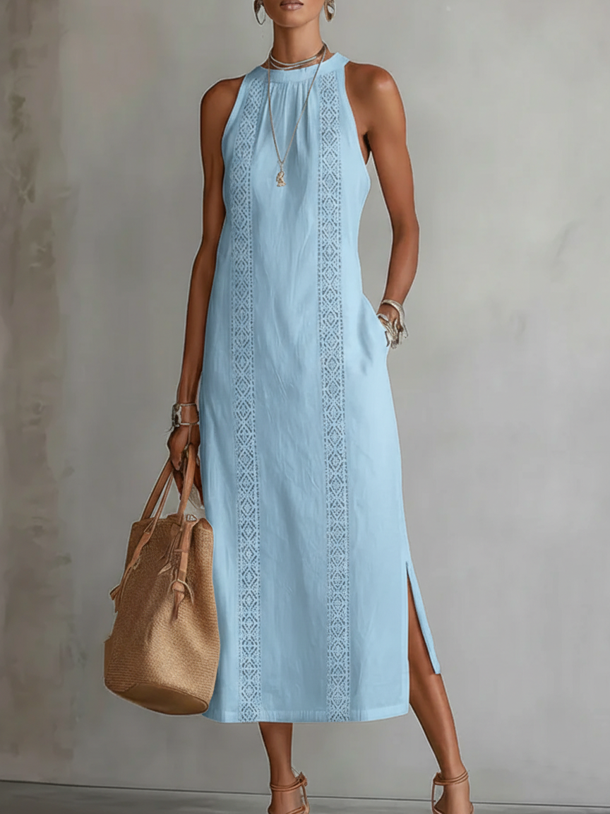 Women's embroidered midi dress. Relaxed fit, mandarin collar. Casual yet elegant for daily wear or holidays.