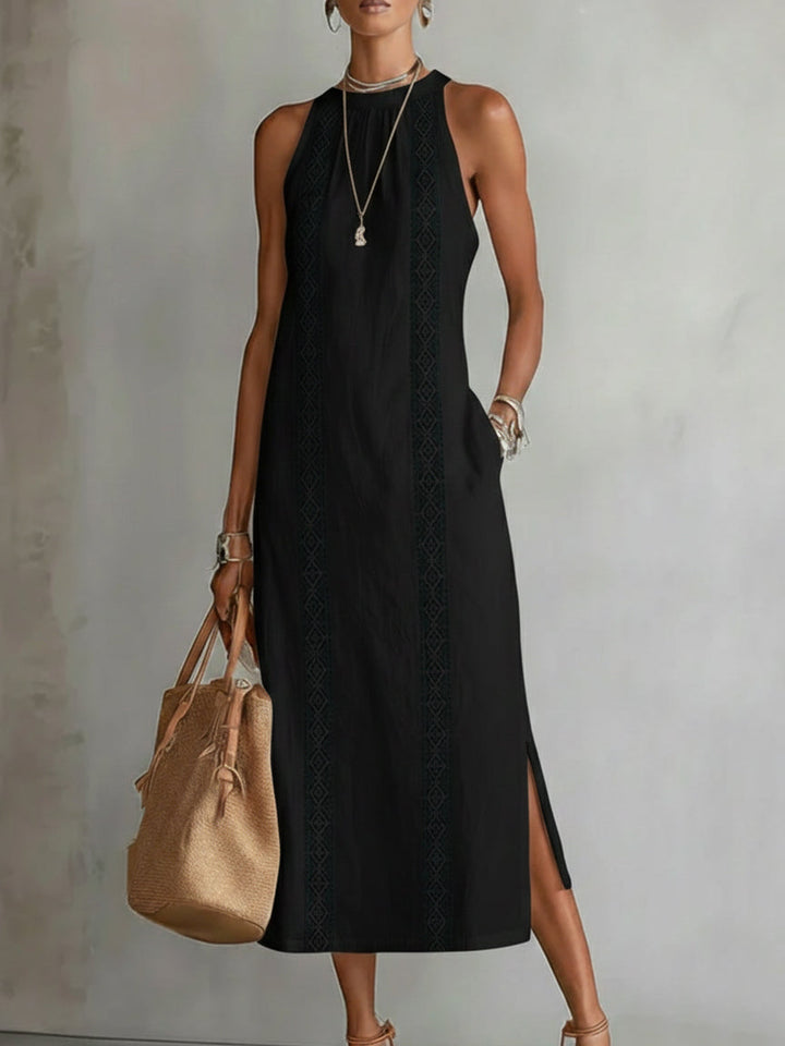 Women's relaxed embroidered mandarin collar midi summer dress. Comfortable, elegant, flowy for vacation.