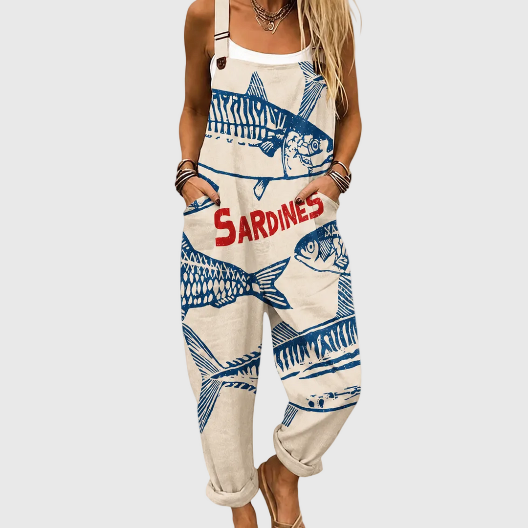 Women's relaxed sardine print jumpsuit for summer, vacation, or beachwear. Comfortable and loose-fitting.