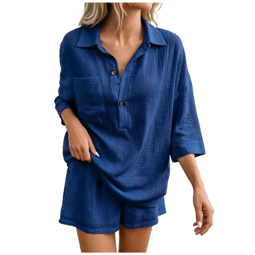 Women's relaxed shirt and shorts set, perfect for effortless summer style and comfortable casual wear.