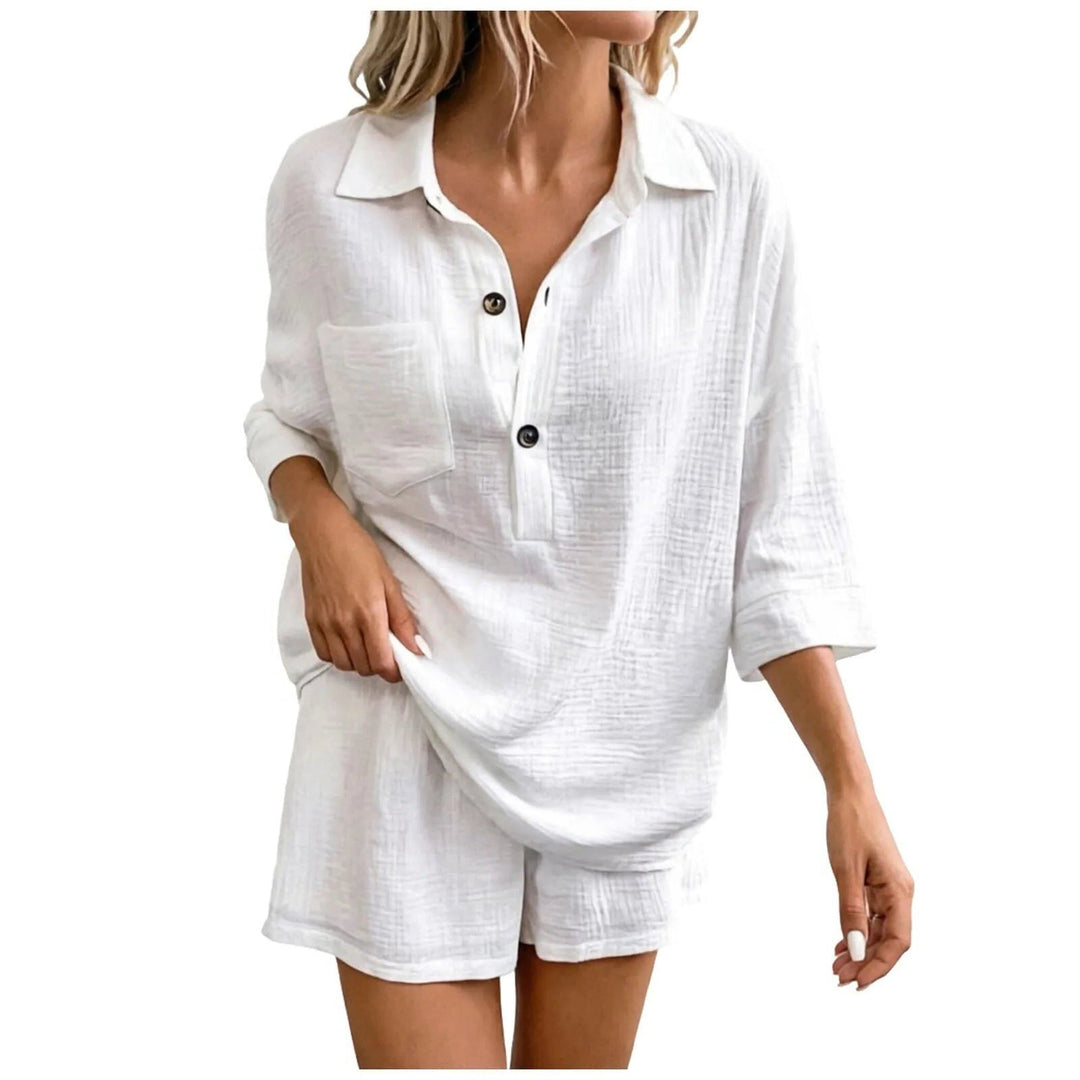 Stylish women's casual set: a relaxed button-down shirt paired with comfortable matching shorts for summer.