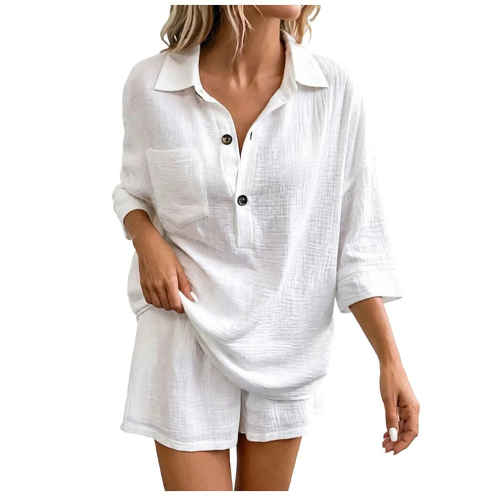 Stylish women's casual set: a relaxed button-down shirt paired with comfortable matching shorts for summer.