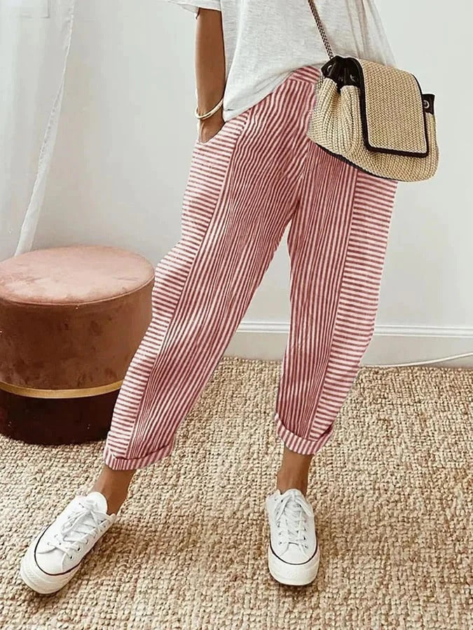 Women's relaxed striped summer pants with elastic waist & tapered leg. Casual & comfortable.