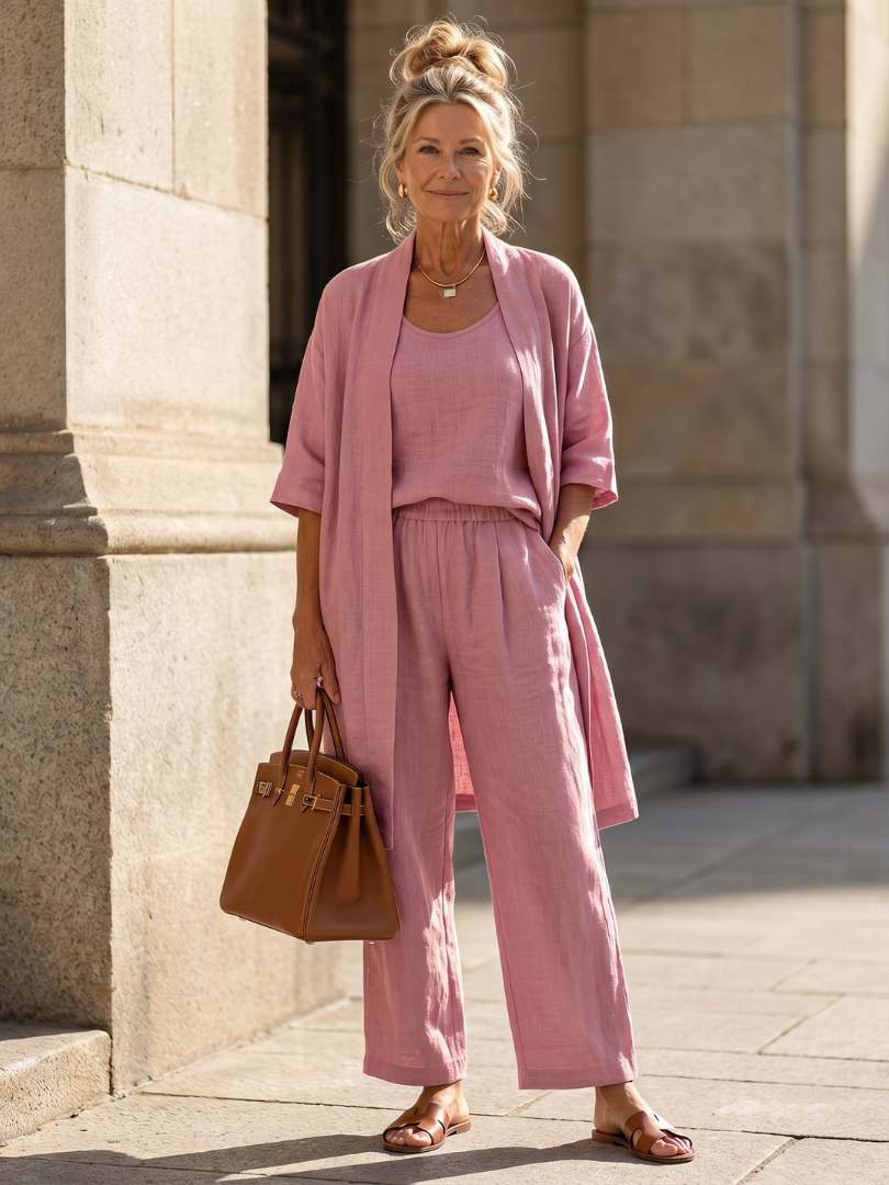 Women's relaxed three-piece pant set. Stylish comfort, perfect for casual or everyday wear.