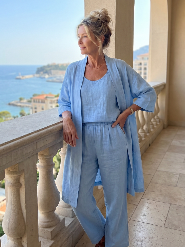 Versatile women's casual wear three-piece set. Relaxed fit top & pant for stylish comfort.